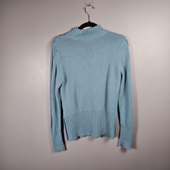 Tribal Knit Mock Turtle Neck Sweater Womens Medium Teal  Button Accents - Picture 2 of 6